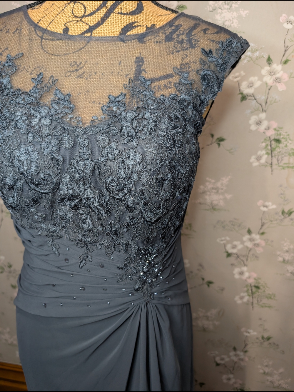 Azazie Elegant Slate Gray Lace Bodice Evening Dress PTP: 18, L: 49-60 - Picture 3 of 14